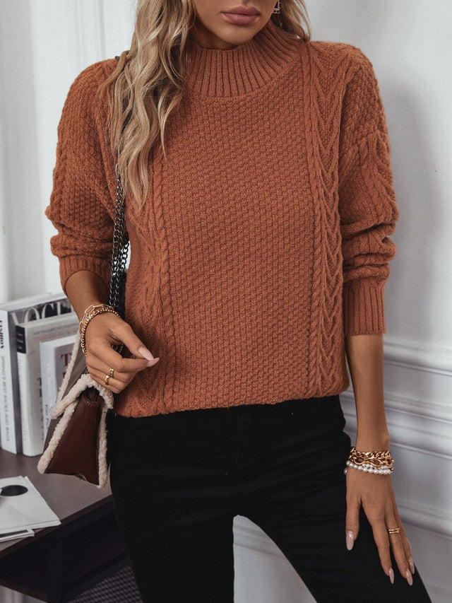 Cable-Knit Mock Neck Long Sleeve Sweater | Hanalas