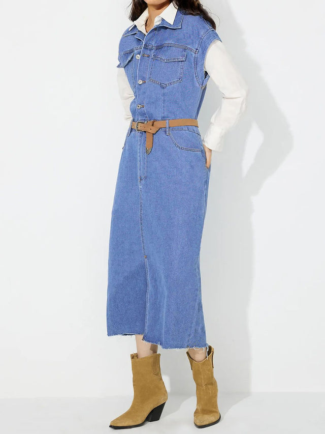 Slit Half Button Collared Neck Cap Sleeve Denim Dress Trendsi Hanalas