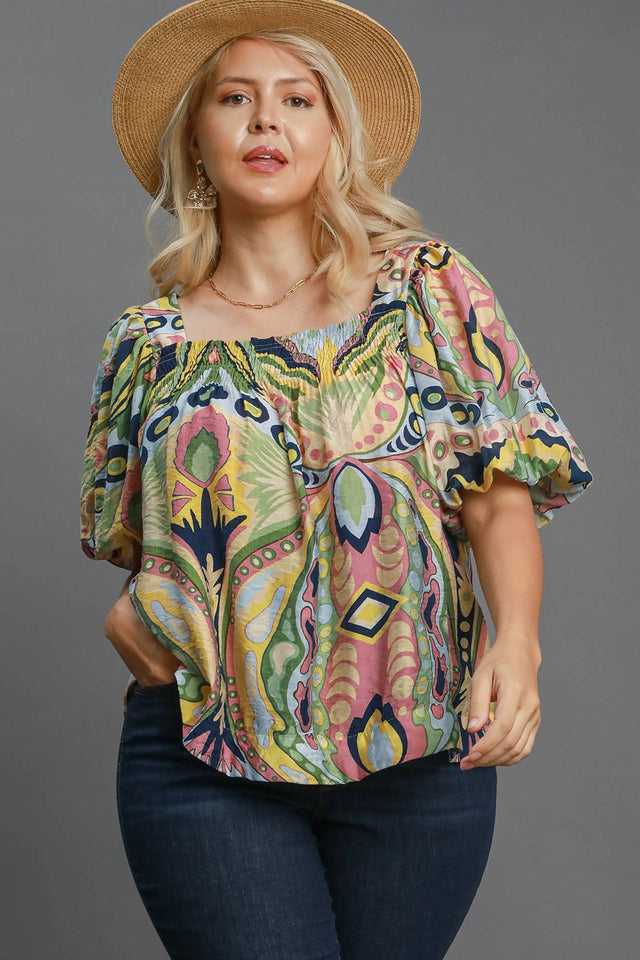 Umgee Full Size Abstract Print Smocked Square Neck Puff Sleeve Blouse | Hanalas