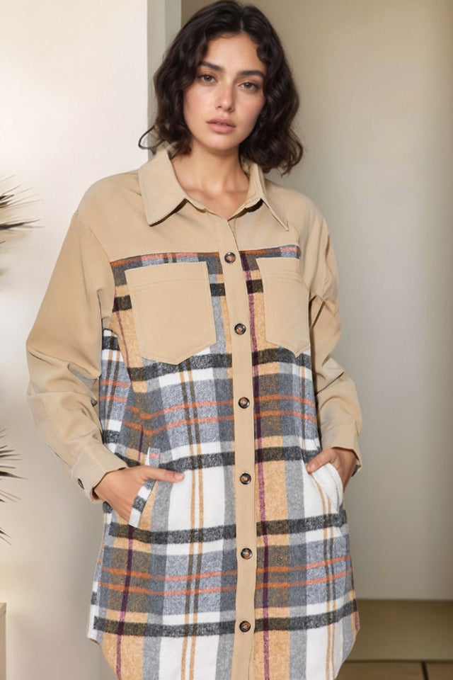 Pocketed Plaid Long Sleeve Mini Shirt Dress | Hanalas