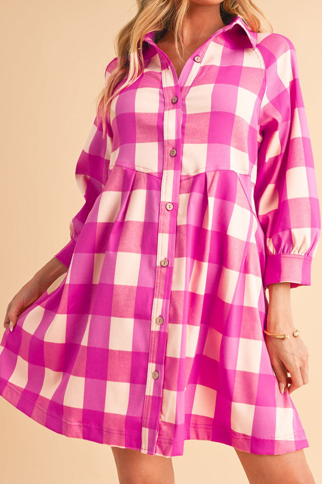 Ruched Plaid Three-Quarter Sleeve Shirt Dress | Hanalas