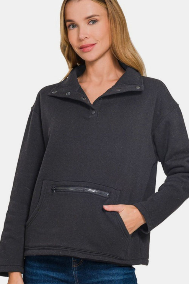 Zenana Turtleneck Half Snap Fleece Sweatshirt | Hanalas