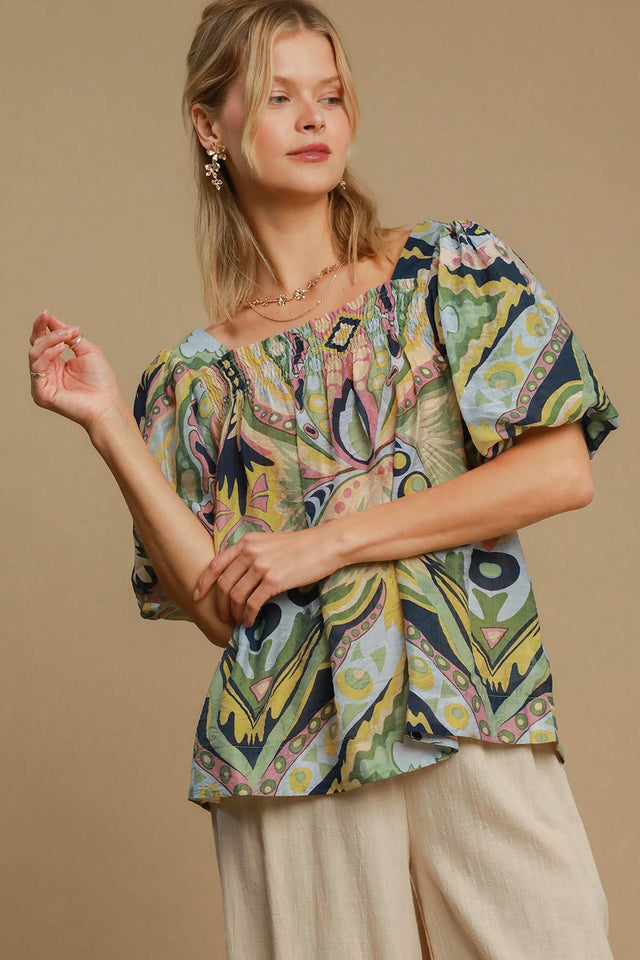 Umgee Full Size Abstract Print Smocked Square Neck Puff Sleeve Blouse | Hanalas