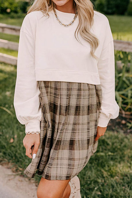 Plaid Round Neck Long Sleeve Mini Dress | Hanalas