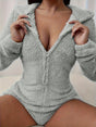 Furry Half Zip Long Sleeve Hooded Bodysuit | Hanalas