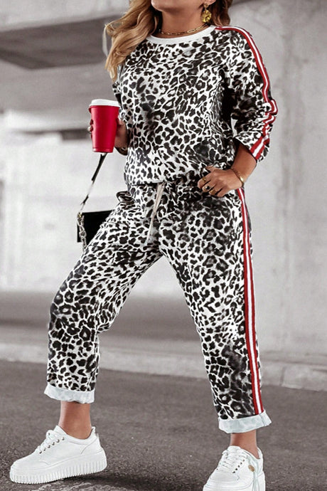 Plus Size Leopard Round Neck Top and Pants Set | Hanalas