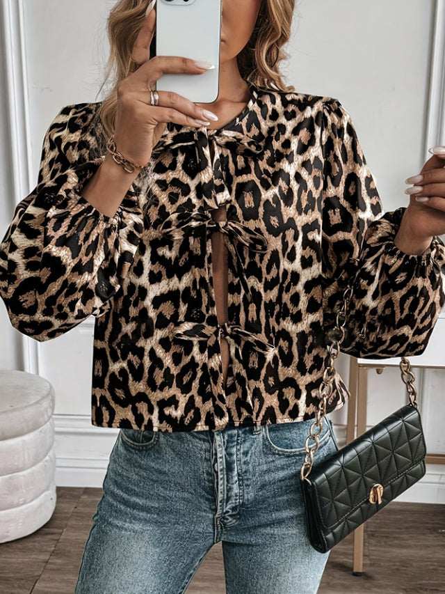 Tied Leopard Round Neck Long Sleeve Top | Hanalas