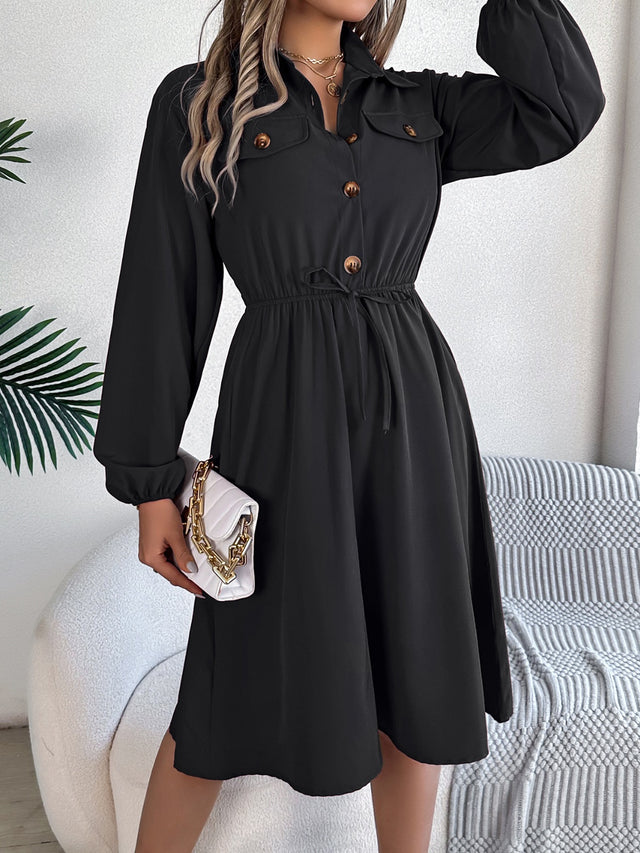 Collared Neck Long Sleeve Dress with Pockets