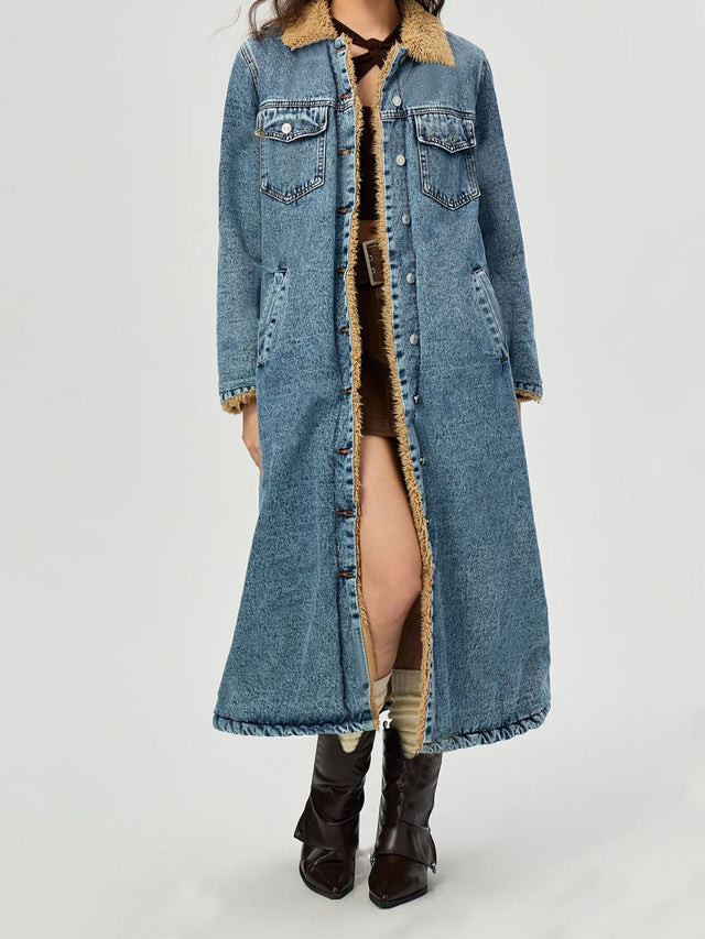 Pocketed Button Up Denim Jacket with Fur Lining | Hanalas