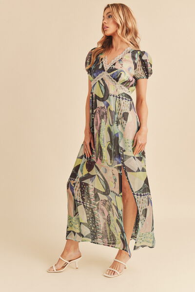 Aemi + Co Lace Detail Slit Geometric Print Short Sleeve Maxi Dress | Hanalas