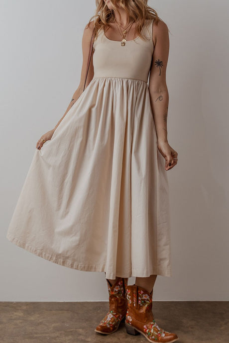 Scoop Neck Ribbed Bodice Sleeveless Midi Tank Dress | Hanalas