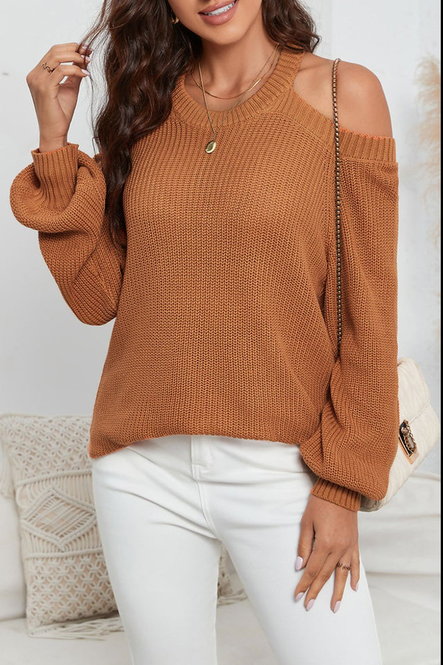 Cutout Back Cold Shoulder Long Sleeve Sweater | Hanalas