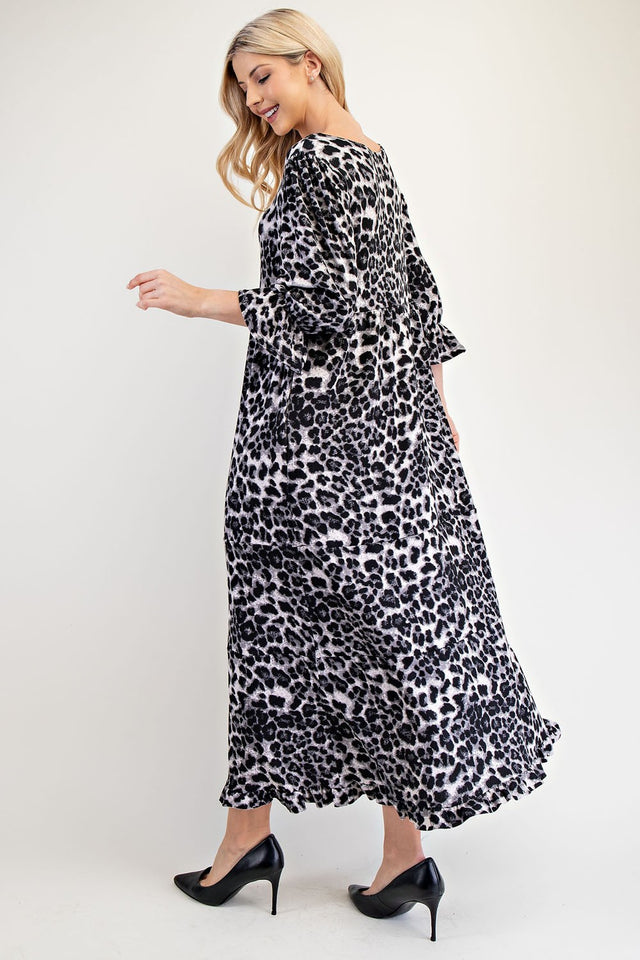 Celeste Full Size Leopard Round Neck Flounce Sleeve Dress | Hanalas