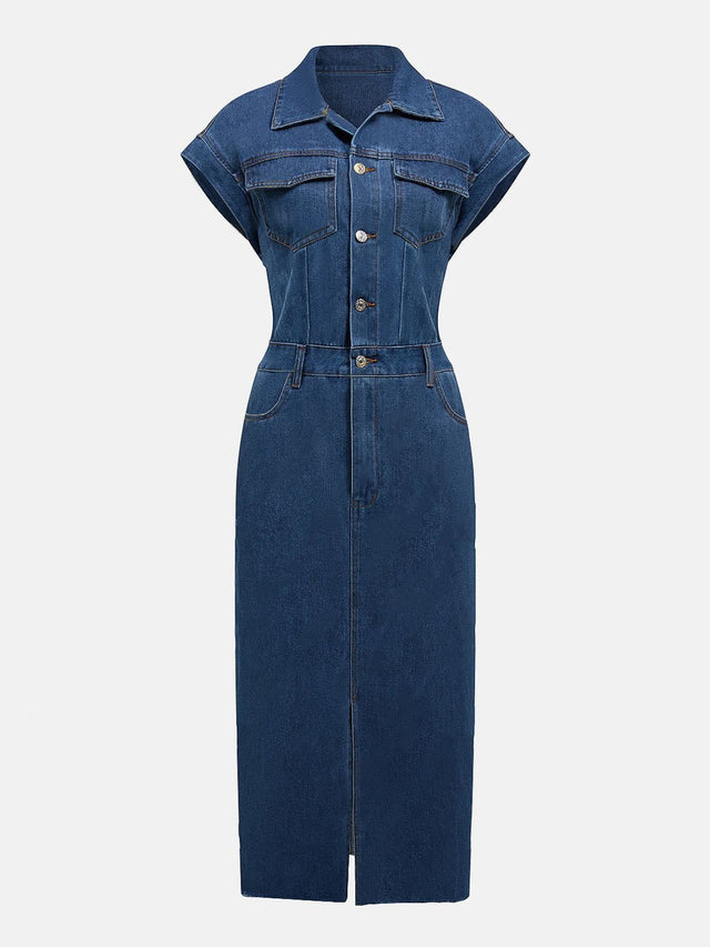 Slit Half Button Collared Neck Cap Sleeve Denim Dress Trendsi Hanalas