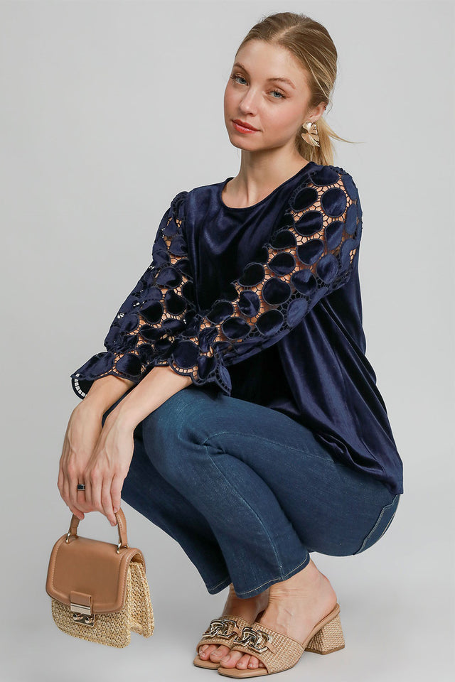 Umgee Polka Dot Lace Long Sleeve Round Neck Blouse | Hanalas