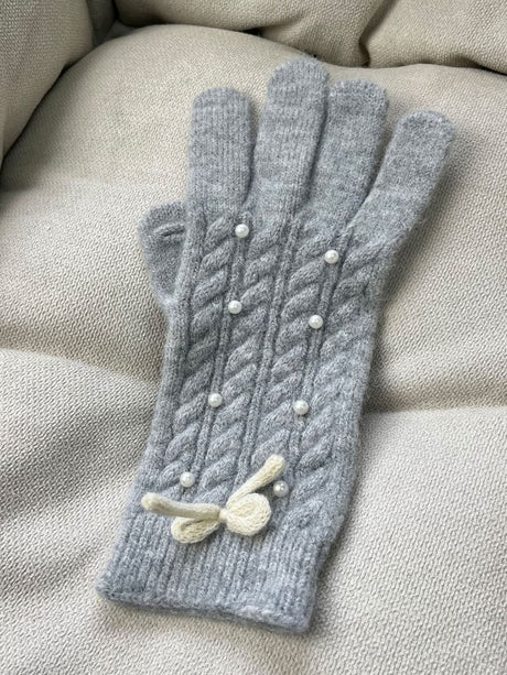 Thermal Pearl Detail Bow Five-Finger Gloves | Hanalas