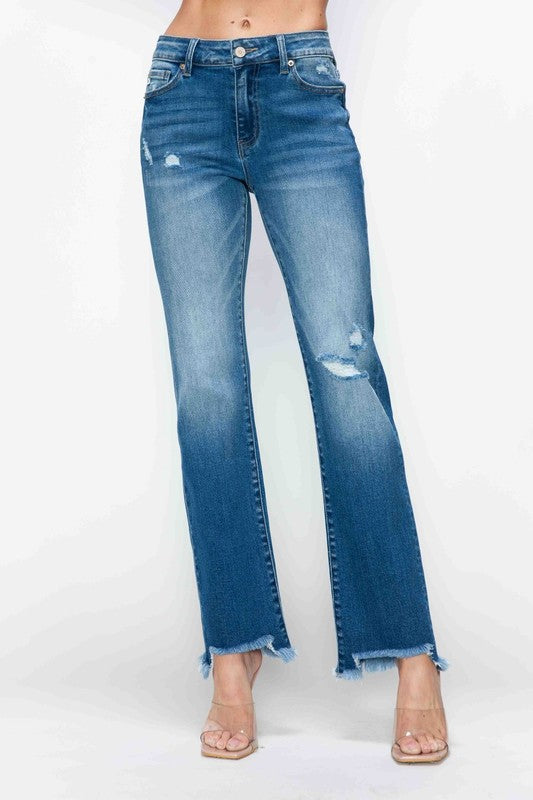 bytos Full Size Raw Hem Distressed Mid Rise Straight Jeans | Hanalas