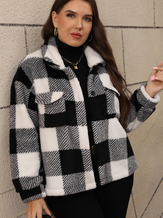 Plus Size Pocketed Plaid Collared Neck Jacket | Hanalas