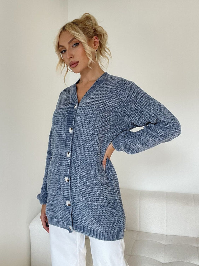 Pocketed V-Neck Button Up Cardigan | Hanalas