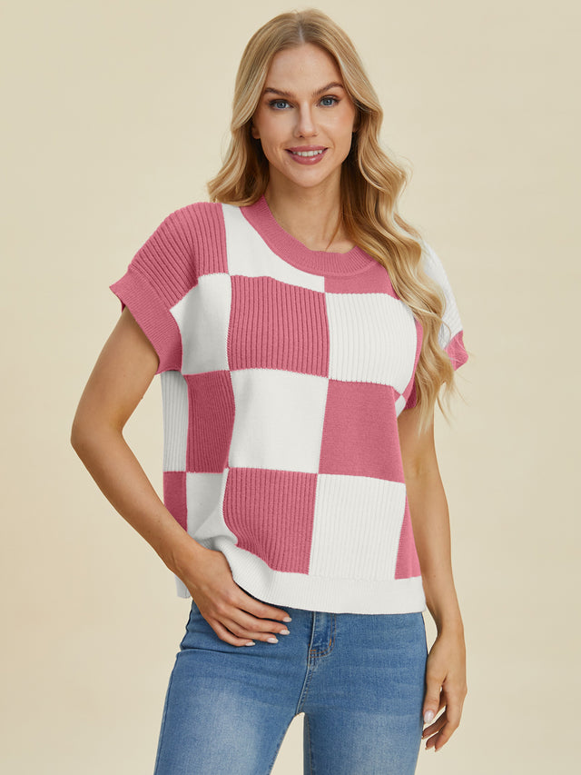 Double Take Full Size Checkered Round Neck Short Sleeve Sweater Trendsi Hanalas