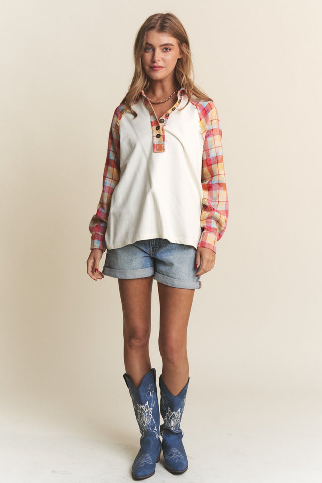 J.NNA Plaid Contrast Button Down Henley Top | Hanalas