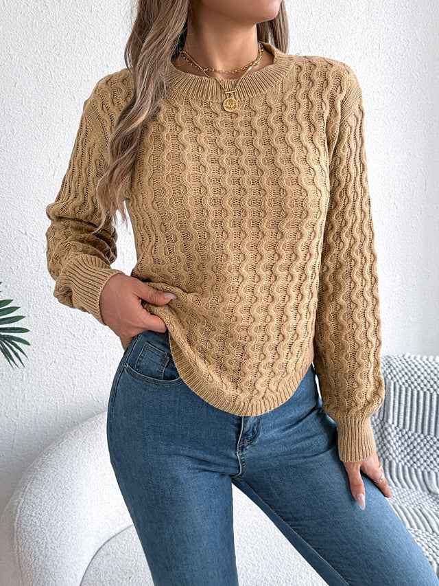 Asymmetric Hem Round Neck Long Sleeve Sweater Trendsi Hanalas