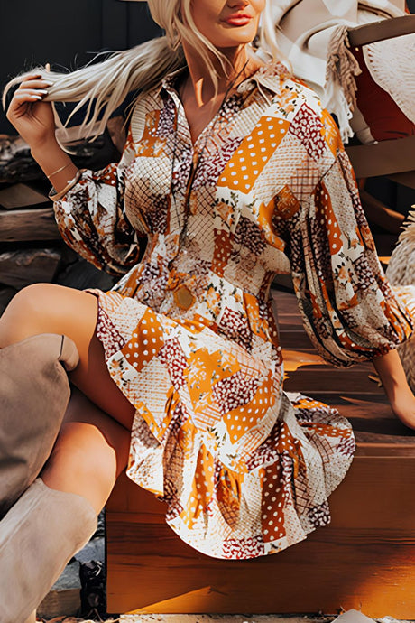 Printed Collared Neck Three-Quarter Sleeve Mini Shirt Dress Trendsi Hanalas