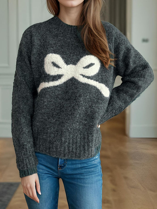 Bow Round Neck Long Sleeve Sweater Trendsi Hanalas