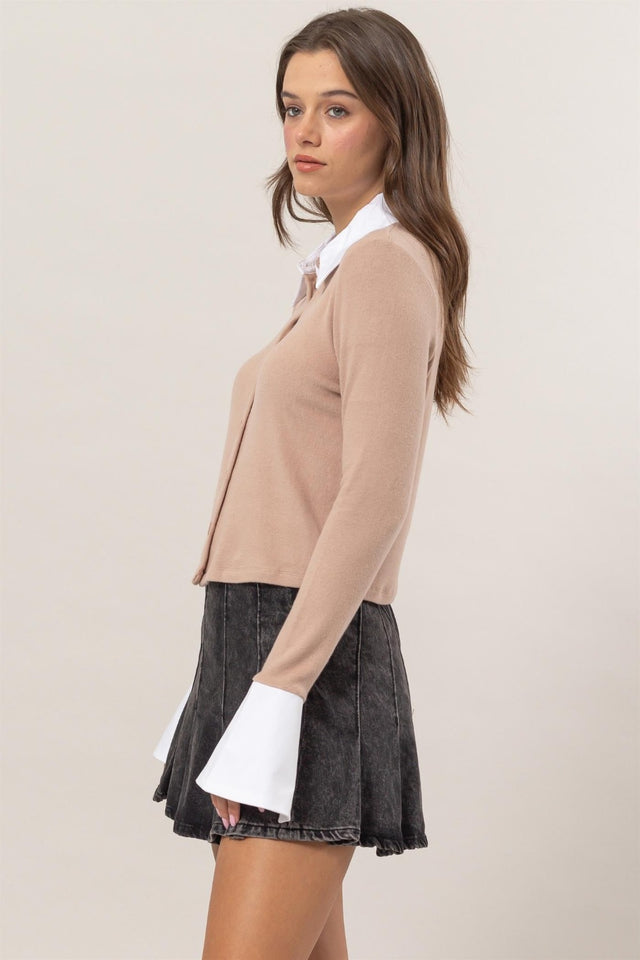 HYFVE Collared Contrast Button Down Crop Knit Cardigan | Hanalas