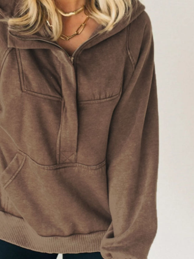 Half Zip Kangaroo Pocket Long Sleeve Hoodie | Hanalas