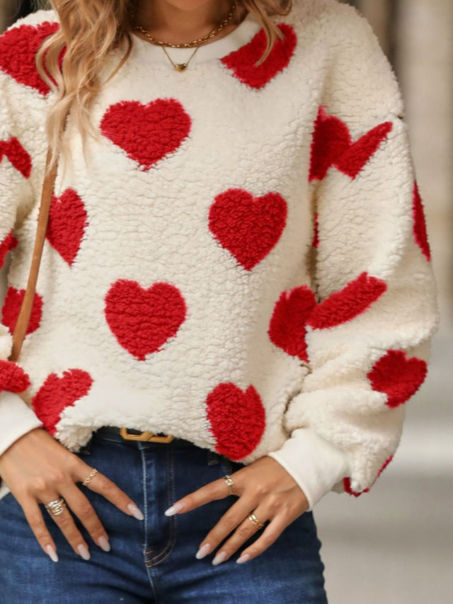 Fuzzy Heart Dropped Shoulder Sweatshirt | Hanalas