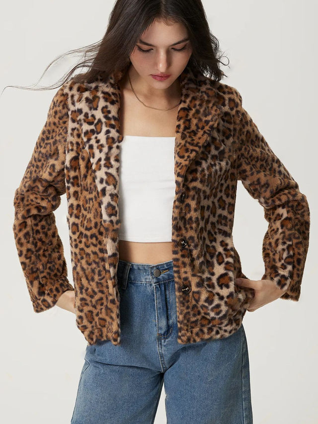 Fuzzy Leopard Collared Neck Jacket | Hanalas