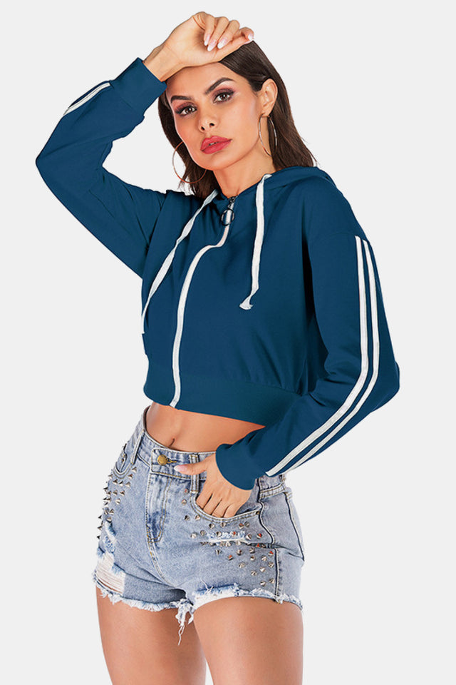 Perfee Side Stripe Drawstring Cropped Hooded Jacket