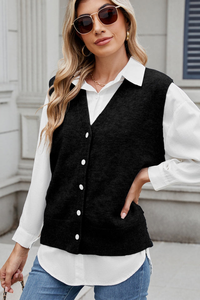 Button Down V-Neck Sweater Vest | Hanalas