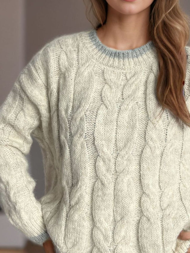 Cable Knit Round Neck Long Sleeve Sweater Trendsi Hanalas