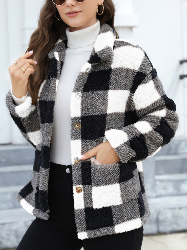 Button Up Drop Shoulder Fuzzy Jacket | Hanalas