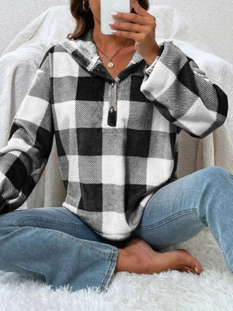 Plaid Half Button Long Sleeve Hoodie | Hanalas