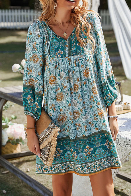 Devine Printed Tie Neck Mini Dress | Hanalas