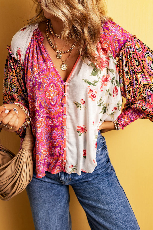 Frill Floral Shirred Cuff Long Sleeve Blouse | Hanalas