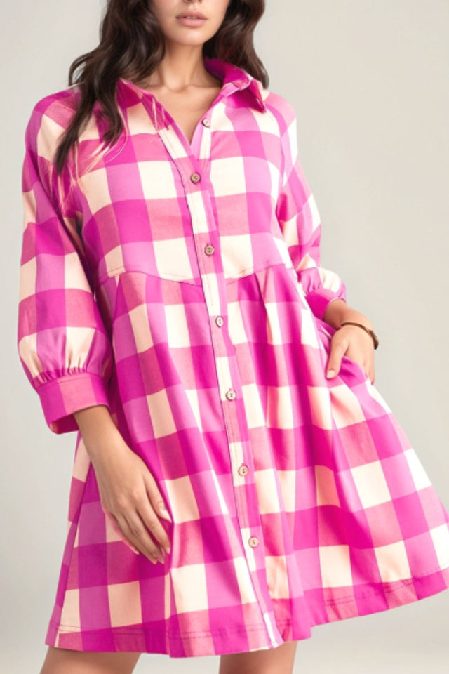 Ruched Plaid Three-Quarter Sleeve Shirt Dress | Hanalas