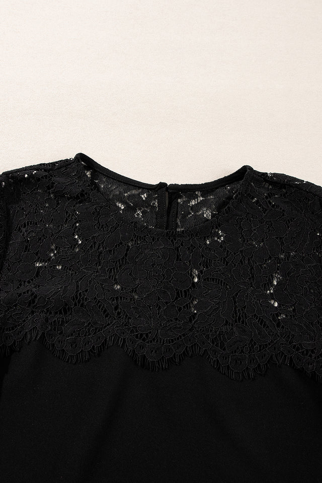 Lace Detail Round Neck Long Sleeve Blouse | Hanalas