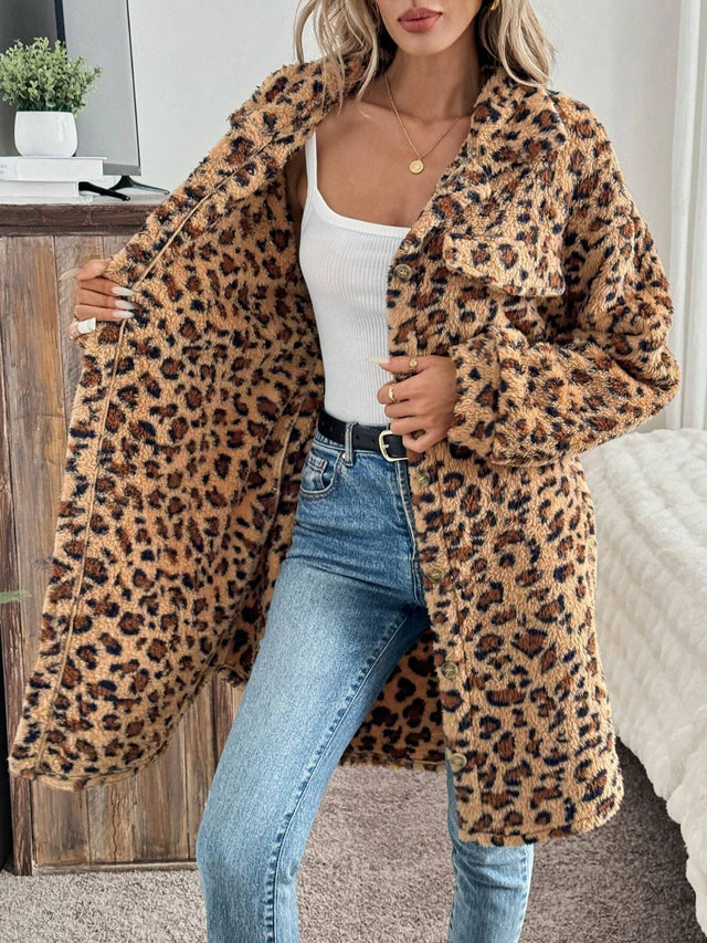 Leopard Button Up Long Sleeve Fuzzy Coat | Hanalas