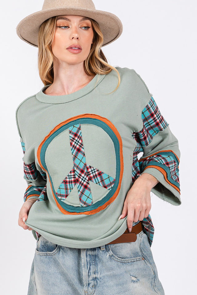 SAGE + FIG Peace Applique Patch Contrast Plaid Top Trendsi Hanalas