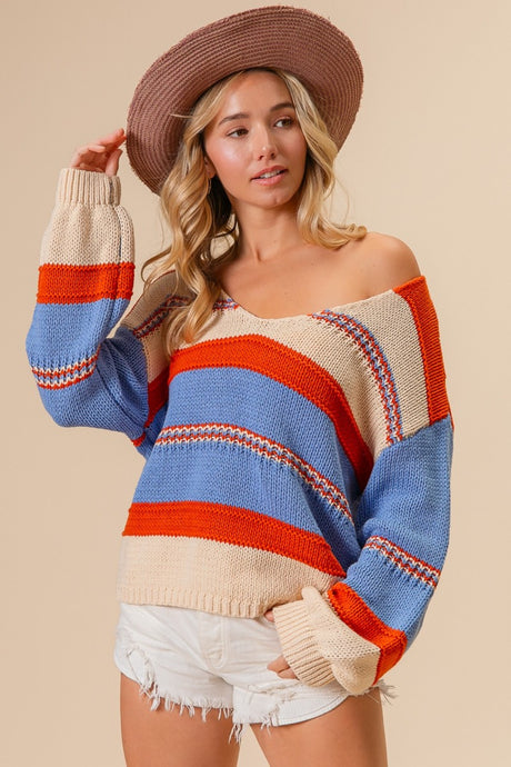 BiBi Multi Color Stripe Scoop Neck Sweater | Hanalas