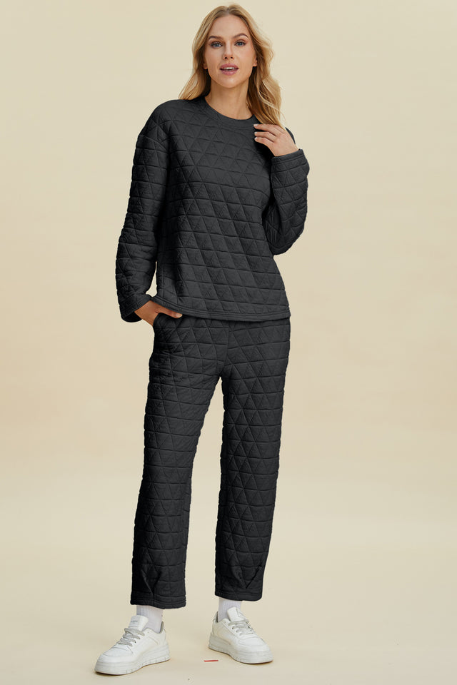 Double Take Full Size Texture Round Neck Long Sleeve Top and Pants Set | Hanalas