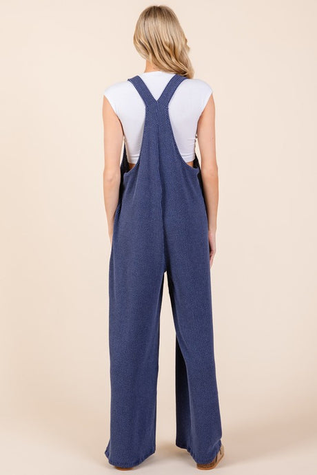 BOMBOM Knot Straps Wide Leg Ribbed Overalls with Pockets | Hanalas