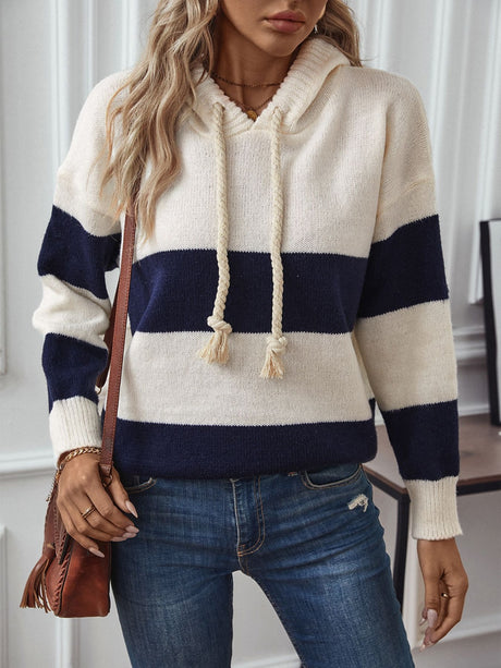 Drawstring Contrast Stripe Dropped Shoulder Hooded Sweater Trendsi Hanalas