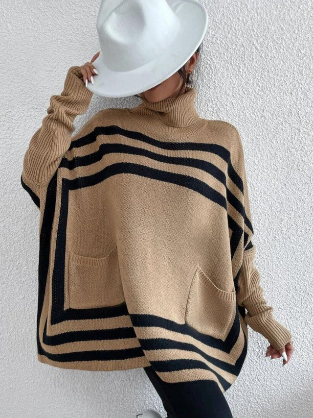 Striped Turtleneck Batwing Sleeve Sweater with Pockets | Hanalas