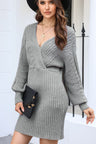 Cable-Knit Surplice Lantern Sleeve Sweater Dress Trendsi Hanalas