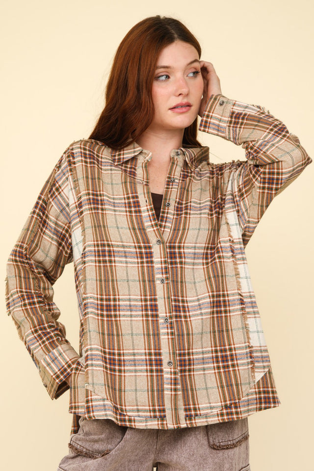 VERY J Contrast Plaid Raw Detail Shirt | Hanalas